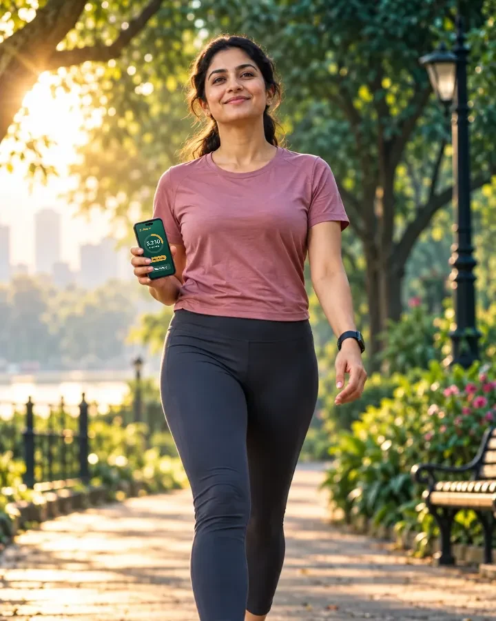 A woman walking in a park, holding her phone showing the In-wall app with 5,240 steps today