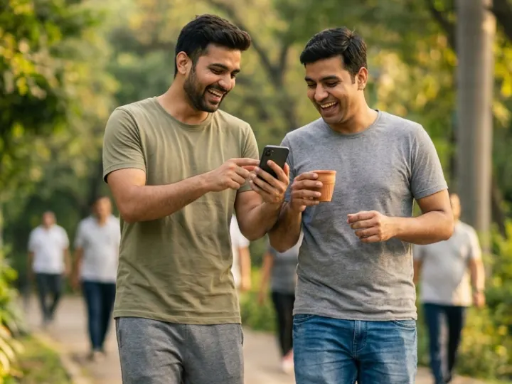Two friends laughing at a phone on their evening walk