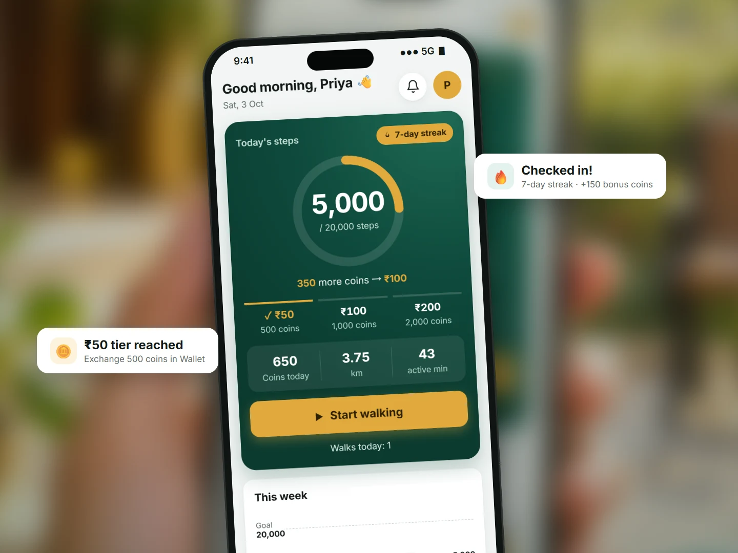 The In-wall app home screen: 5,000 steps and 650 coins today, the ₹50 tier reached and a 7-day check-in bonus of 150 coins